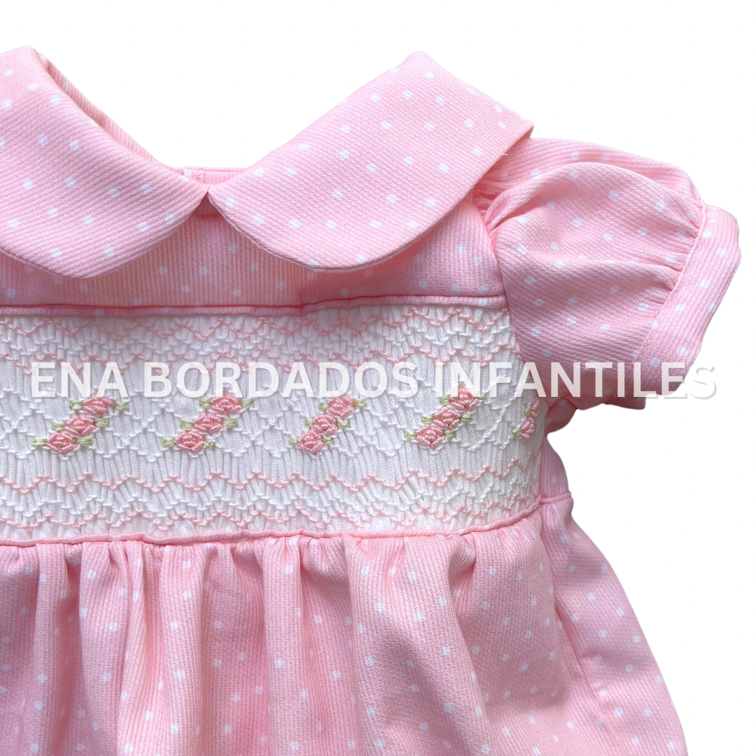 Vestido piqué rosado puntos blancos panal 3 meses