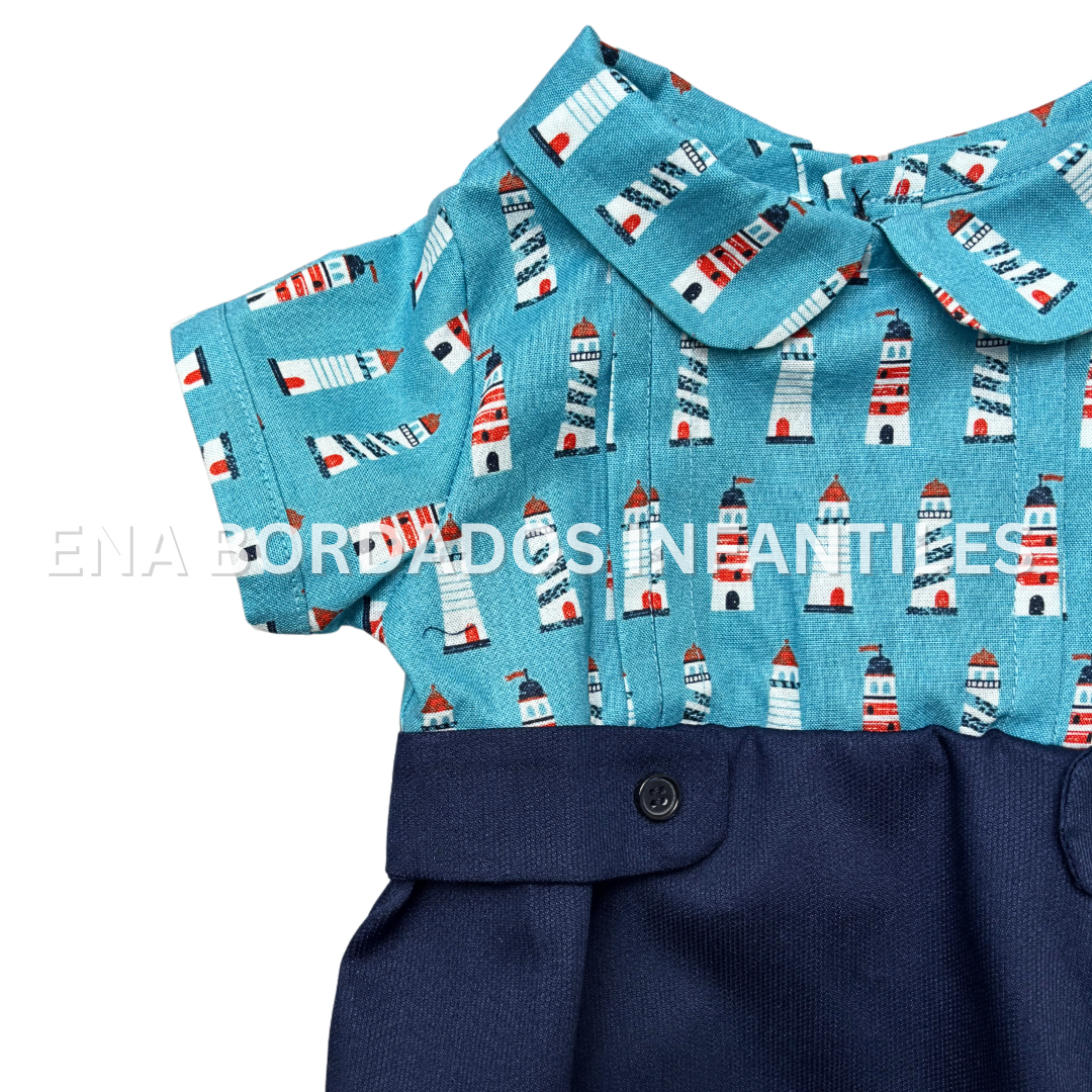 Mameluco estampado faro con piqué azul 3 meses