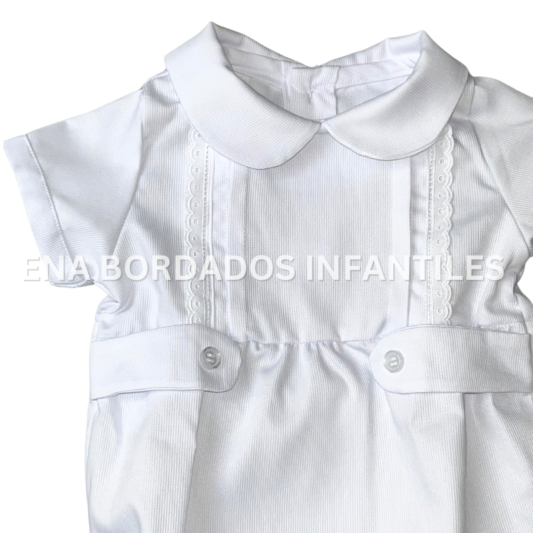 Mameluco piqué blanco con tira bordada