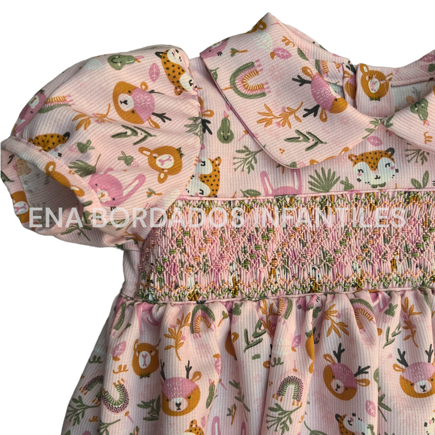 Vestido piqué rosado animalitos con panal