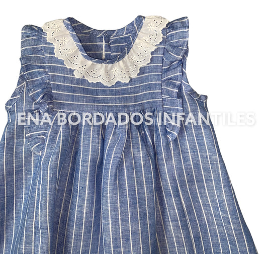 Batita lino azul rayas blancas con tira bordada