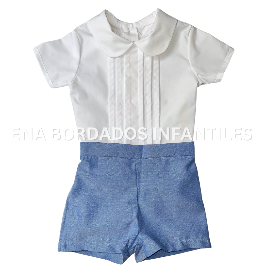 Trajecito camisa alforzas con short de chambray