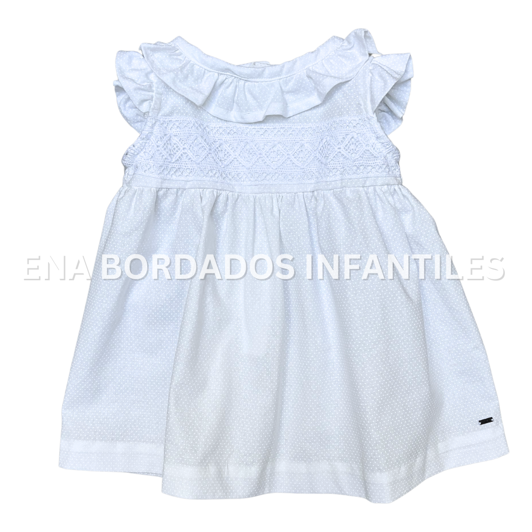 Vestido blanco puntitos blancos con encaje 6 meses