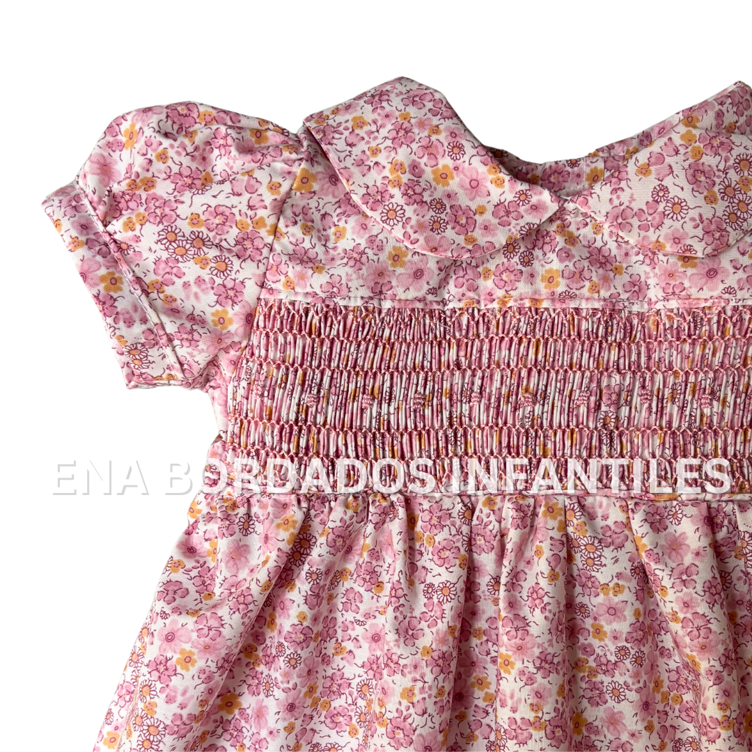 Vestido flores rosado con anaranjado panal