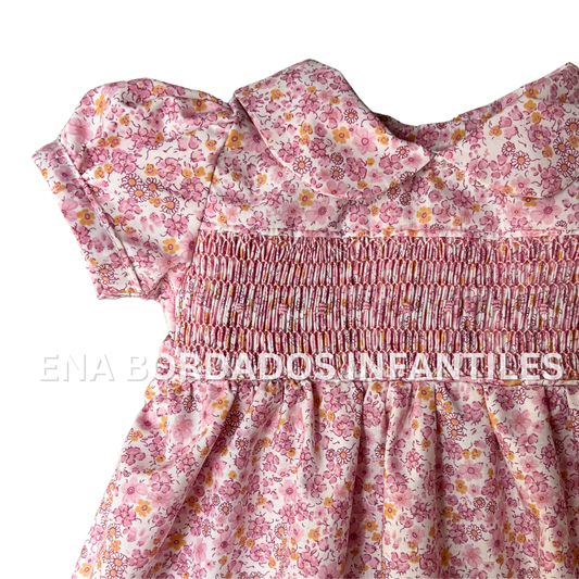 Vestido flores rosado con anaranjado panal