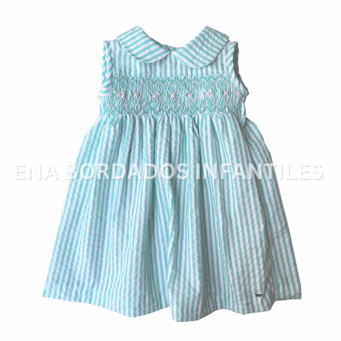 Vestido seersucker rayas verde con panal