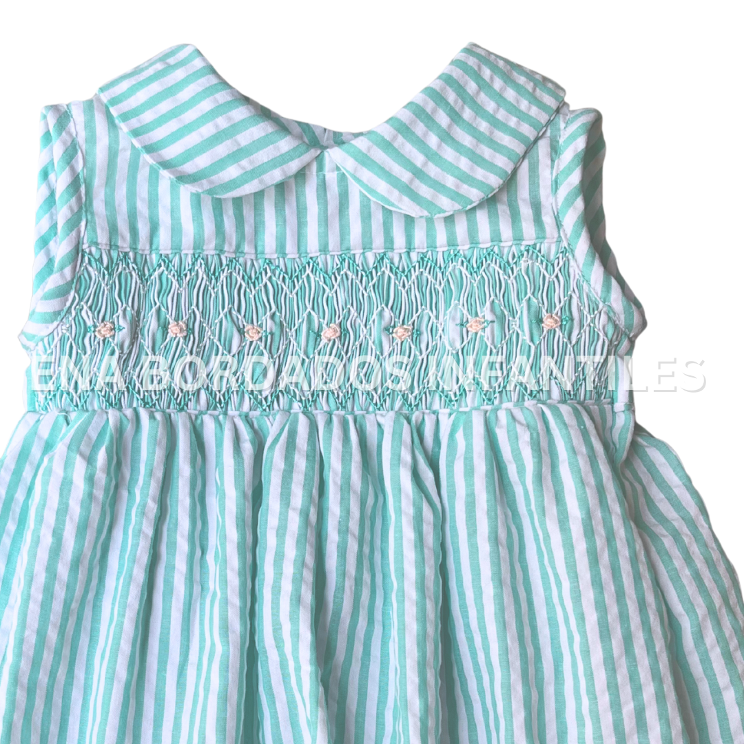 Vestido seersucker rayas verde con panal