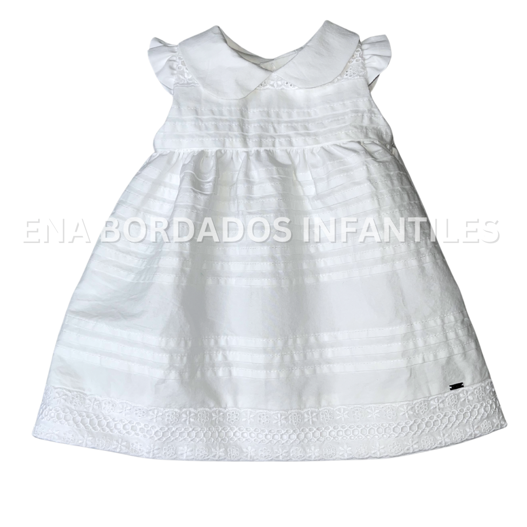 Vestido blanco con alforzas con tira bordada 3 meses