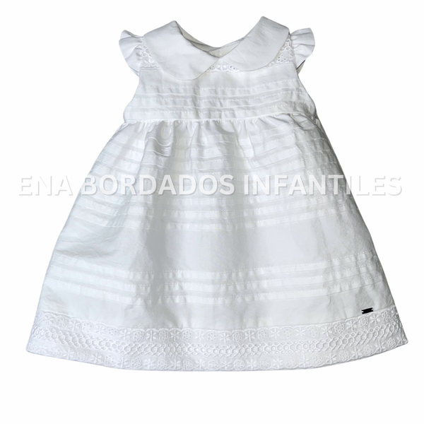 Vestido blanco con alforzas con tira bordada 3 meses