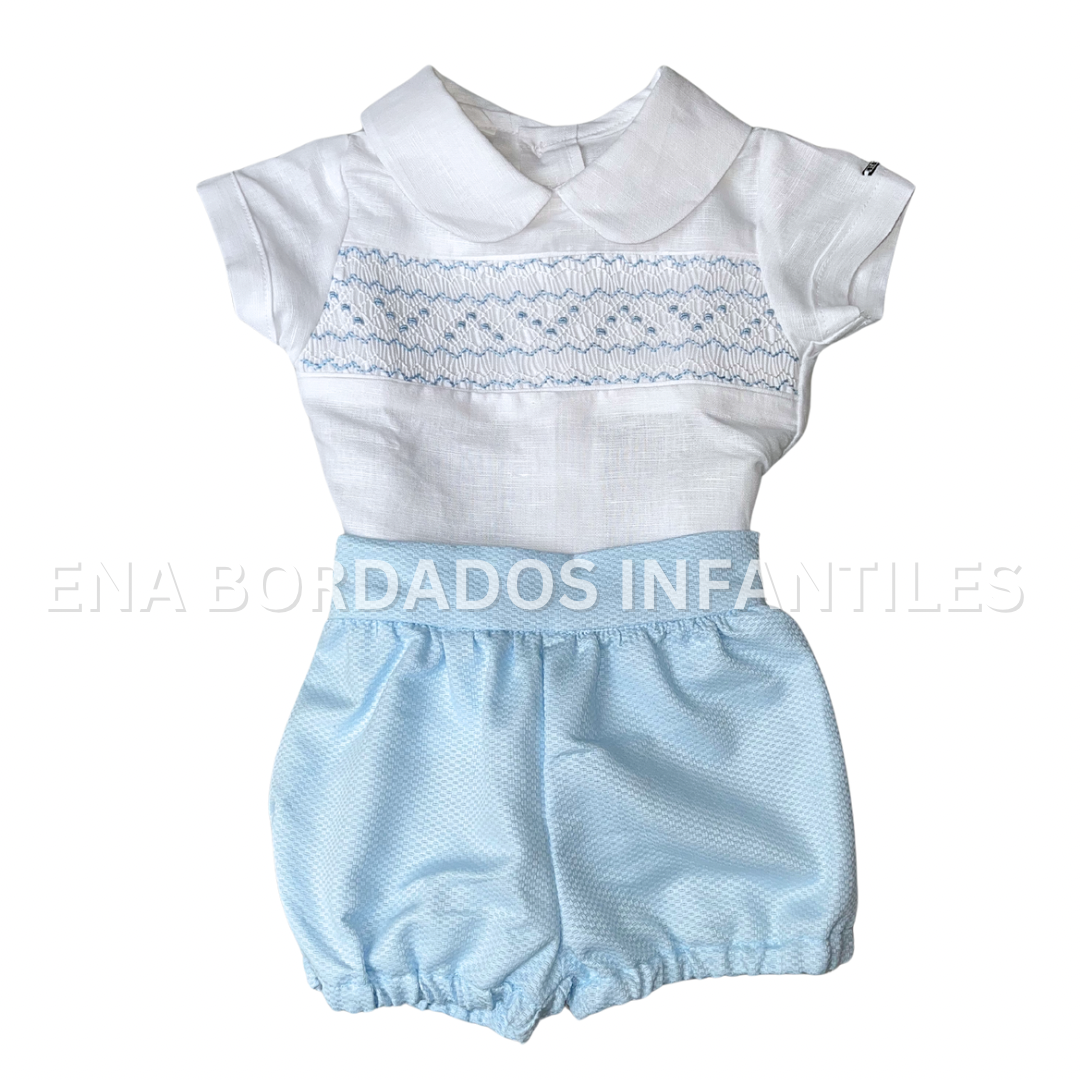 Trajecito panal con short bombacho en piqué celeste