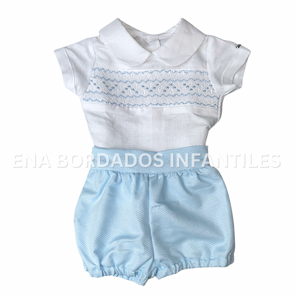 Trajecito panal con short bombacho en piqué celeste