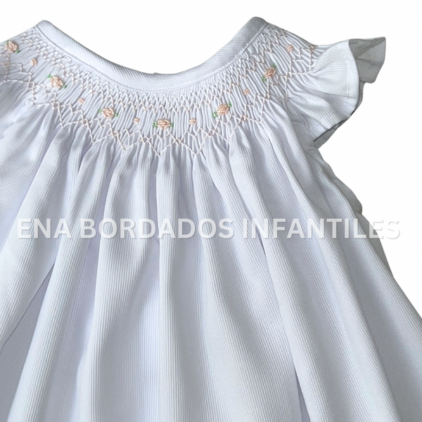 Bishop piqué blanco con bordado salmón