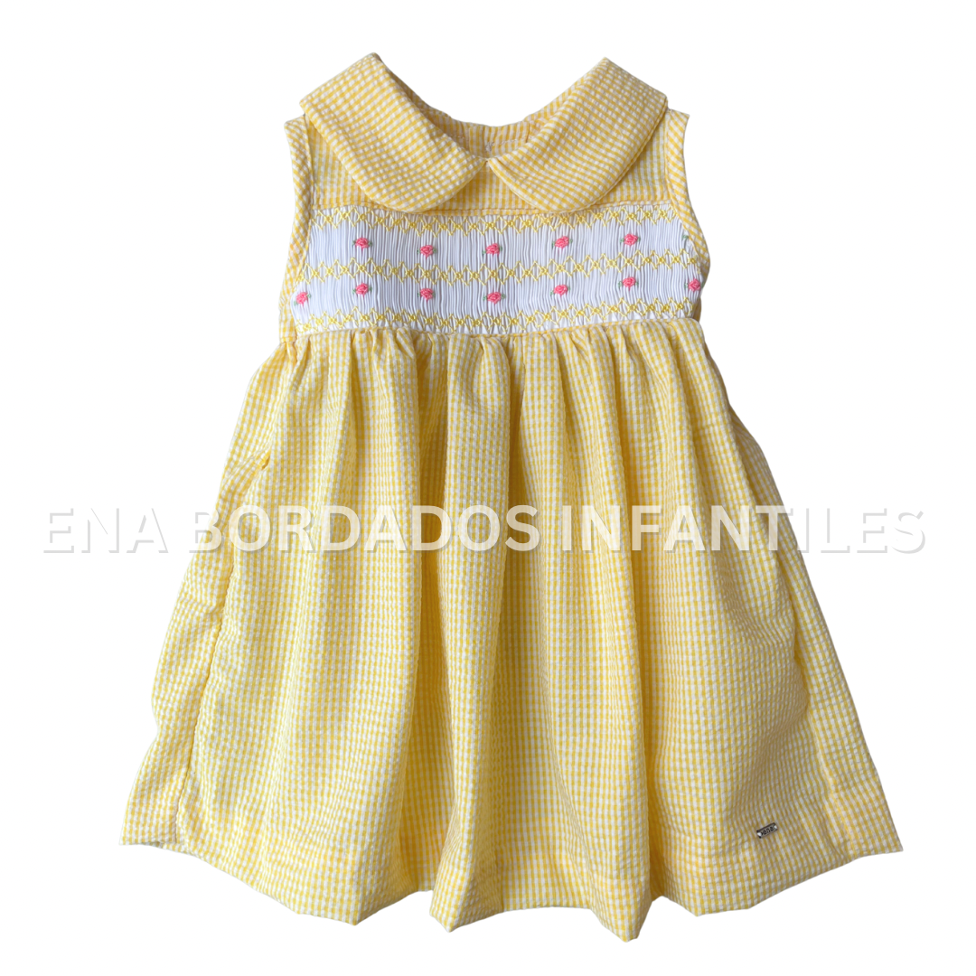 Vestido sin mangas seersucker amarillo con panal 9 meses