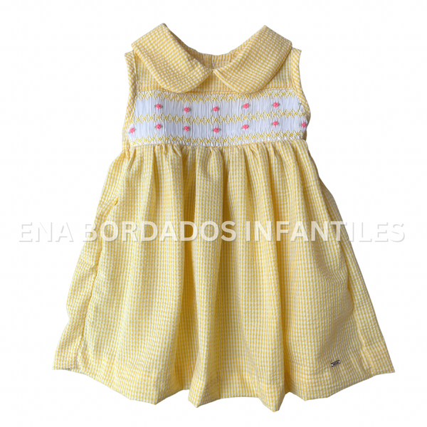 Vestido sin mangas seersucker amarillo con panal 9 meses