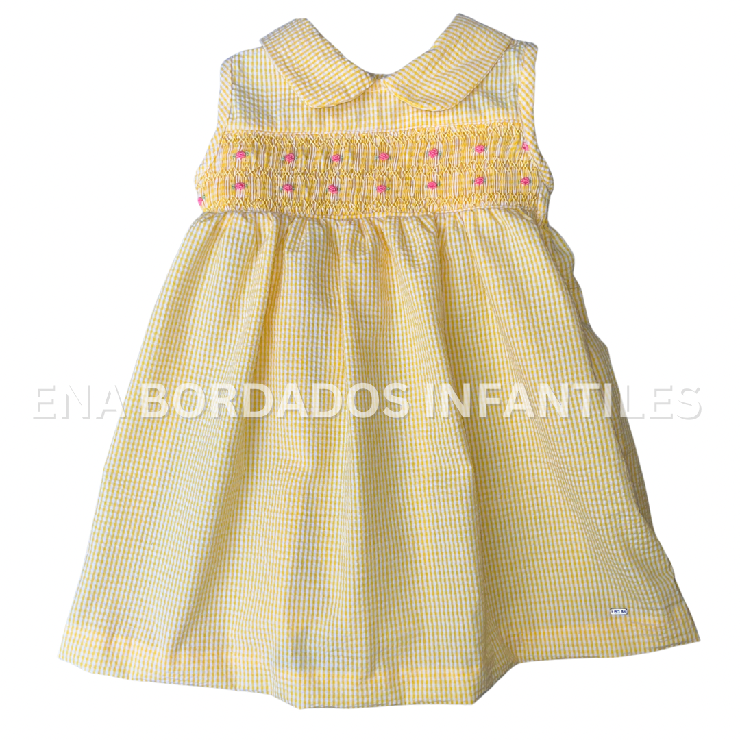Vestido sin mangas seersucker amarillo con panal