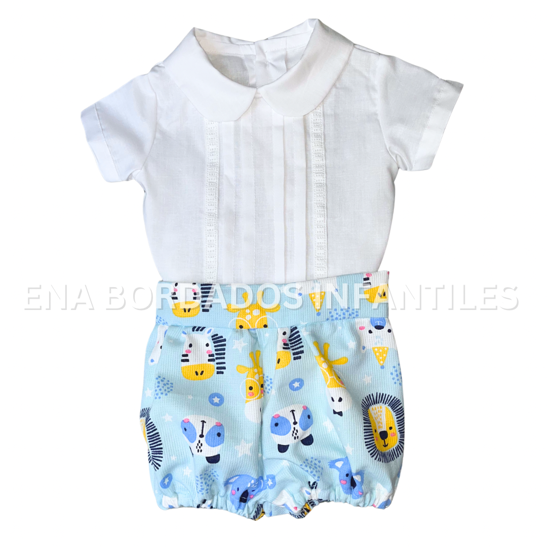 Trajecito camisa alforzas y tira bordada con short piqué animalitos 3 meses