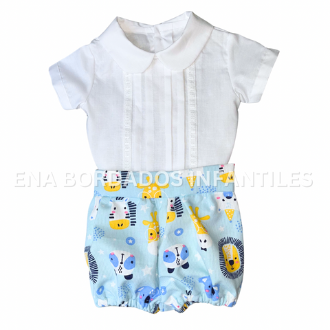 Trajecito camisa alforzas y tira bordada con short piqué animalitos 3 meses