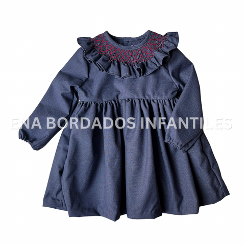 Vestido azul con panal en cuello y manga larga