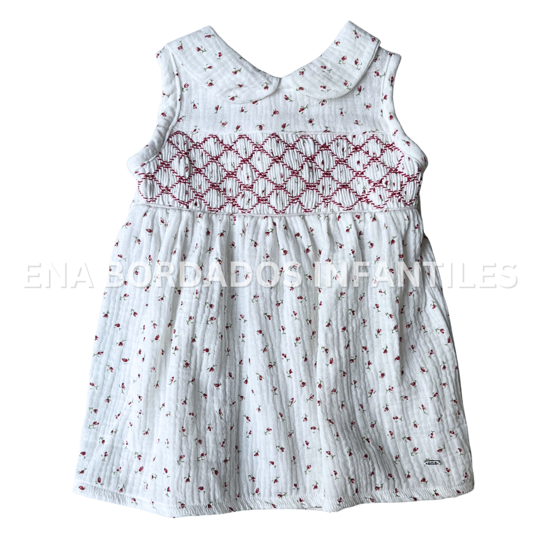 Vestido gasa blanca flores rojas con panal rojo 3 meses