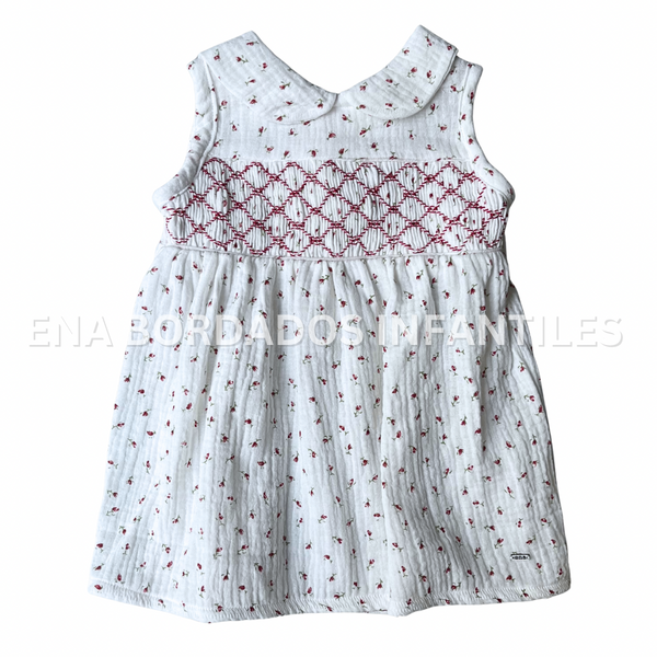 Vestido gasa blanca flores rojas con panal rojo 3 meses
