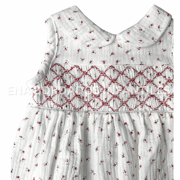 Vestido gasa blanca flores rojas con panal rojo 3 meses