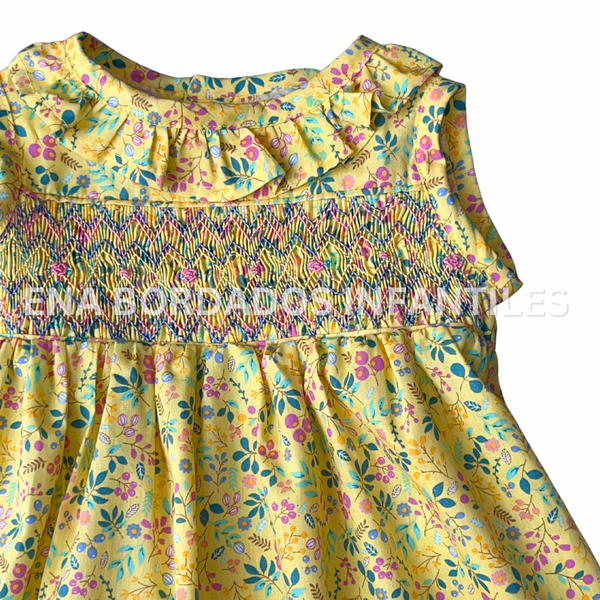 Vestido amarillo flores con panal