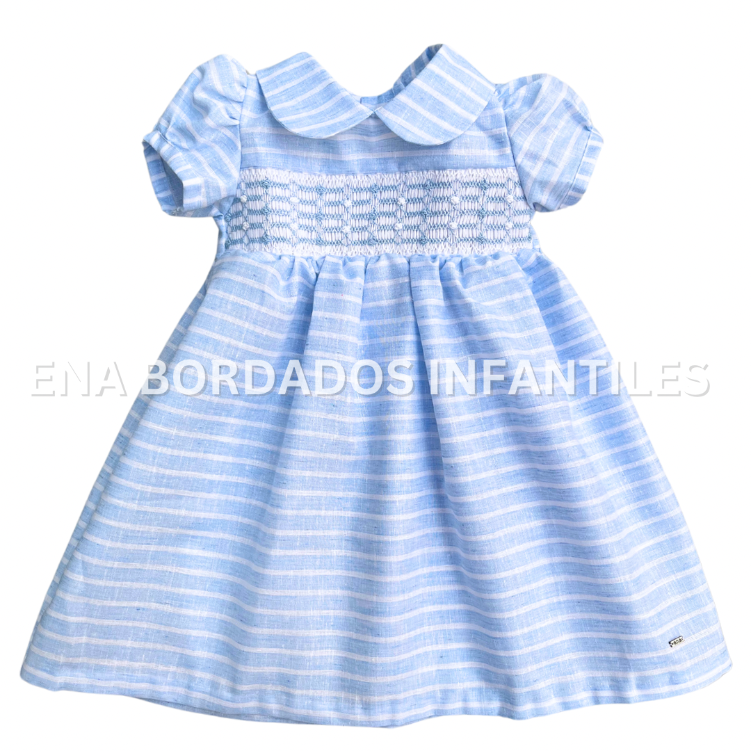 Vestido rayas celeste y blanco con panal