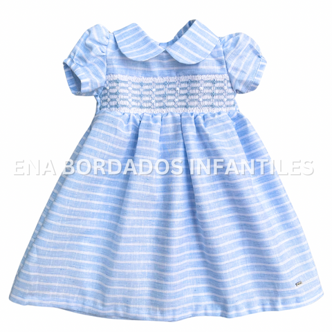 Vestido rayas celeste y blanco con panal