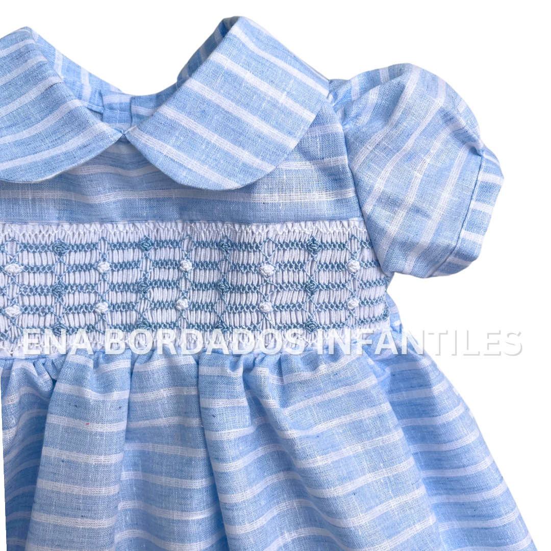 Vestido rayas celeste y blanco con panal
