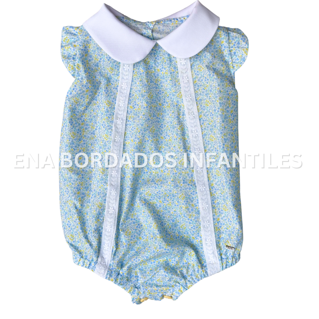 Mameluco tira bordada flores celestes y amarillas