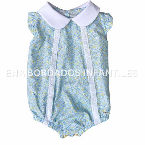 Mameluco tira bordada flores celestes y amarillas