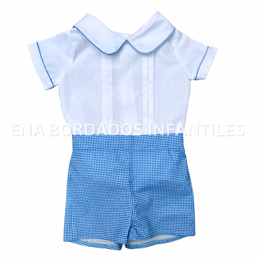 Trajecito camisa alforzas y short cuadriculado azul aqua