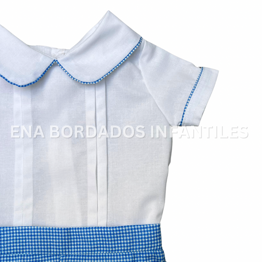 Trajecito camisa alforzas y short cuadriculado azul aqua
