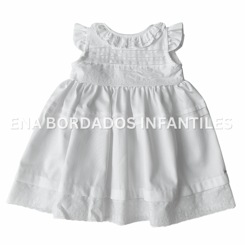 Vestido piqué blanco alforzas y tira bordada 12 meses