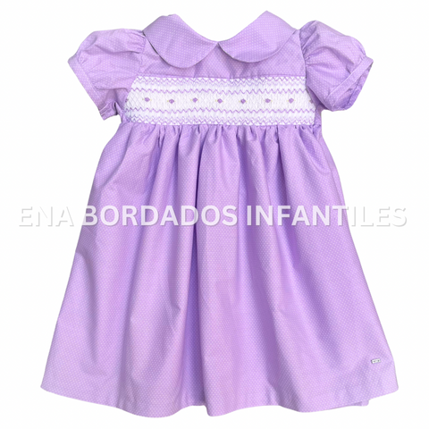 Vestido morado puntitos blancos con panal 4 años