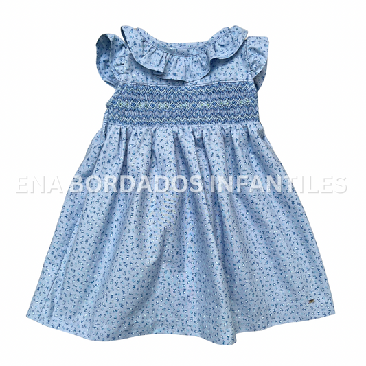 Vestido celeste flores azules con panal sin manga 2 años
