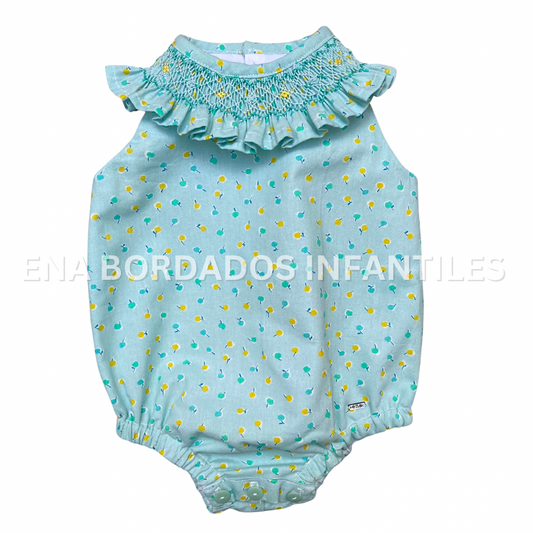 Mameluco aqua con manzanitas con panal en el cuello