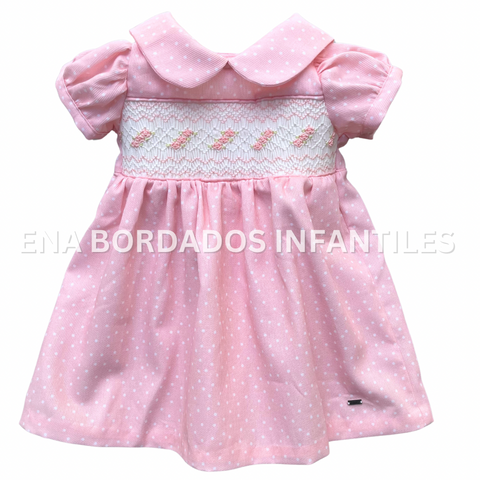 Vestido piqué rosado puntos blancos panal 3 meses