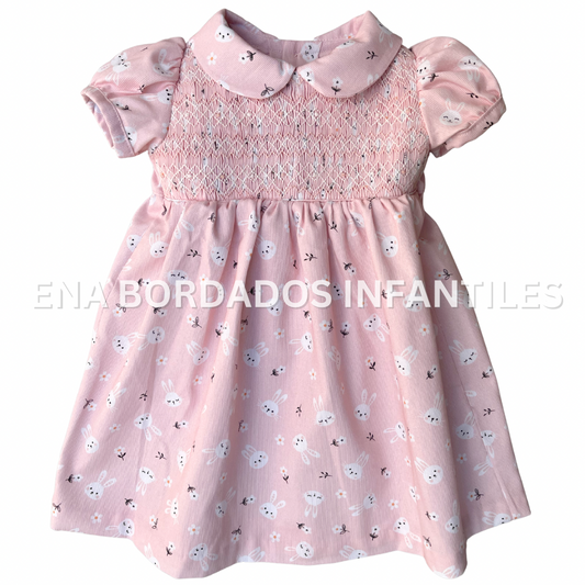 Vestido piqué rosado conejito con panal completo