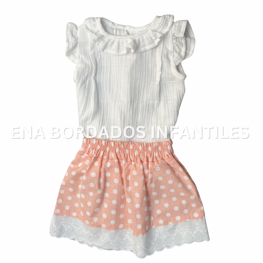 Blusa gasa con falda lino salmón puntos