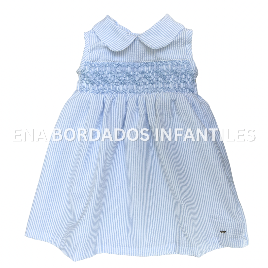 Vestido seersucker rayitas celeste con panal