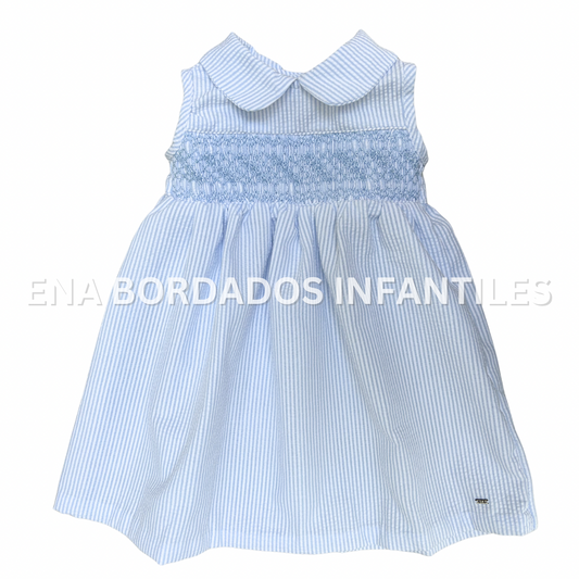 Vestido seersucker rayitas celeste con panal