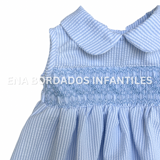 Vestido seersucker rayitas celeste con panal