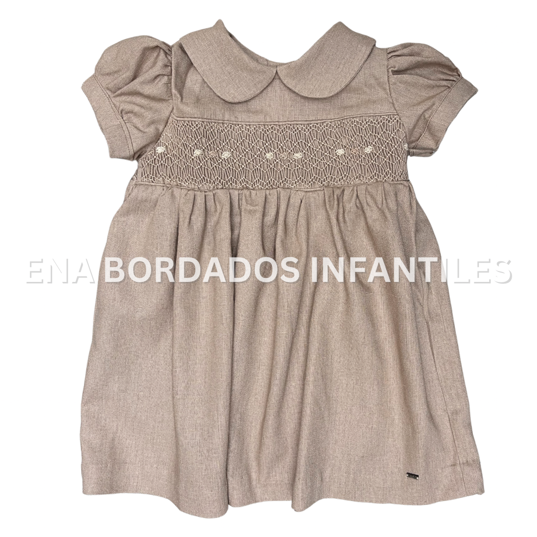 Vestido lino café con panal 18 meses