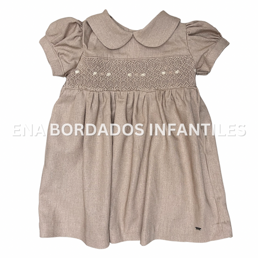 Vestido lino café con panal 18 meses