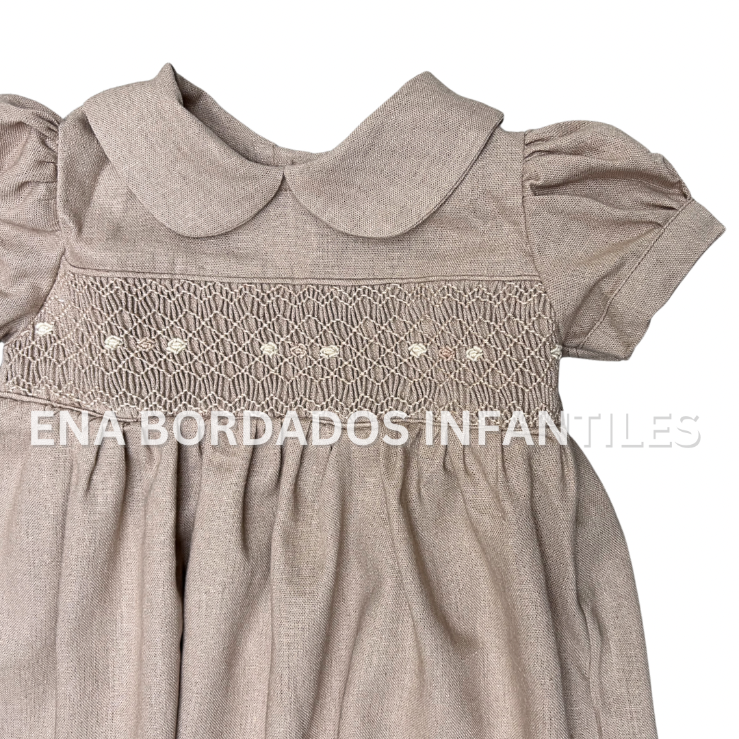 Vestido lino café con panal 18 meses
