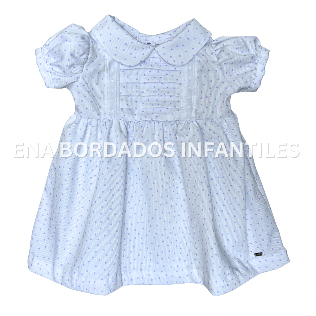 Vestido piqué blanco puntitos morados con panal