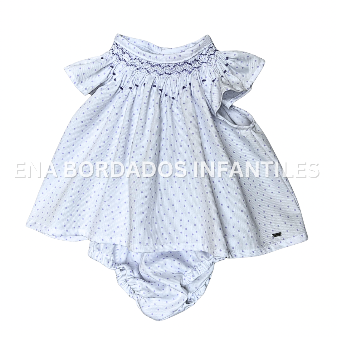 Blusa bishop piqué blanco puntitos morados con calzón