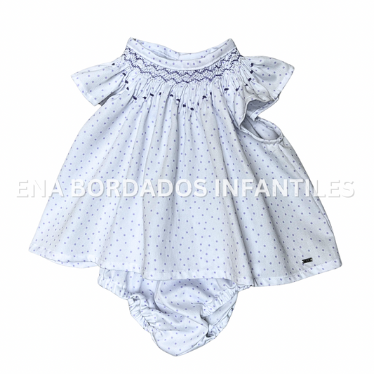 Blusa bishop piqué blanco puntitos morados con calzón