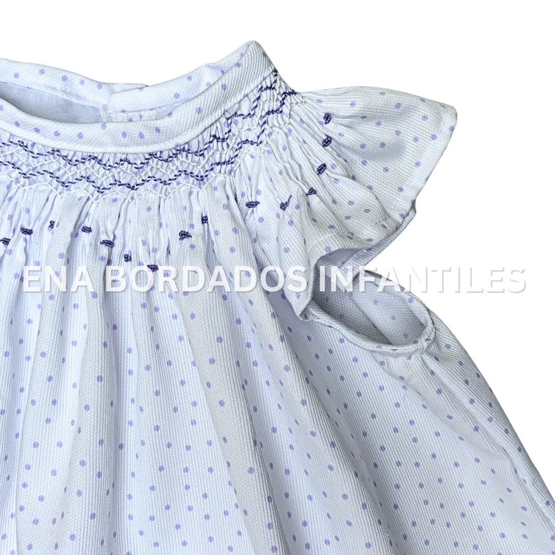Blusa bishop piqué blanco puntitos morados con calzón